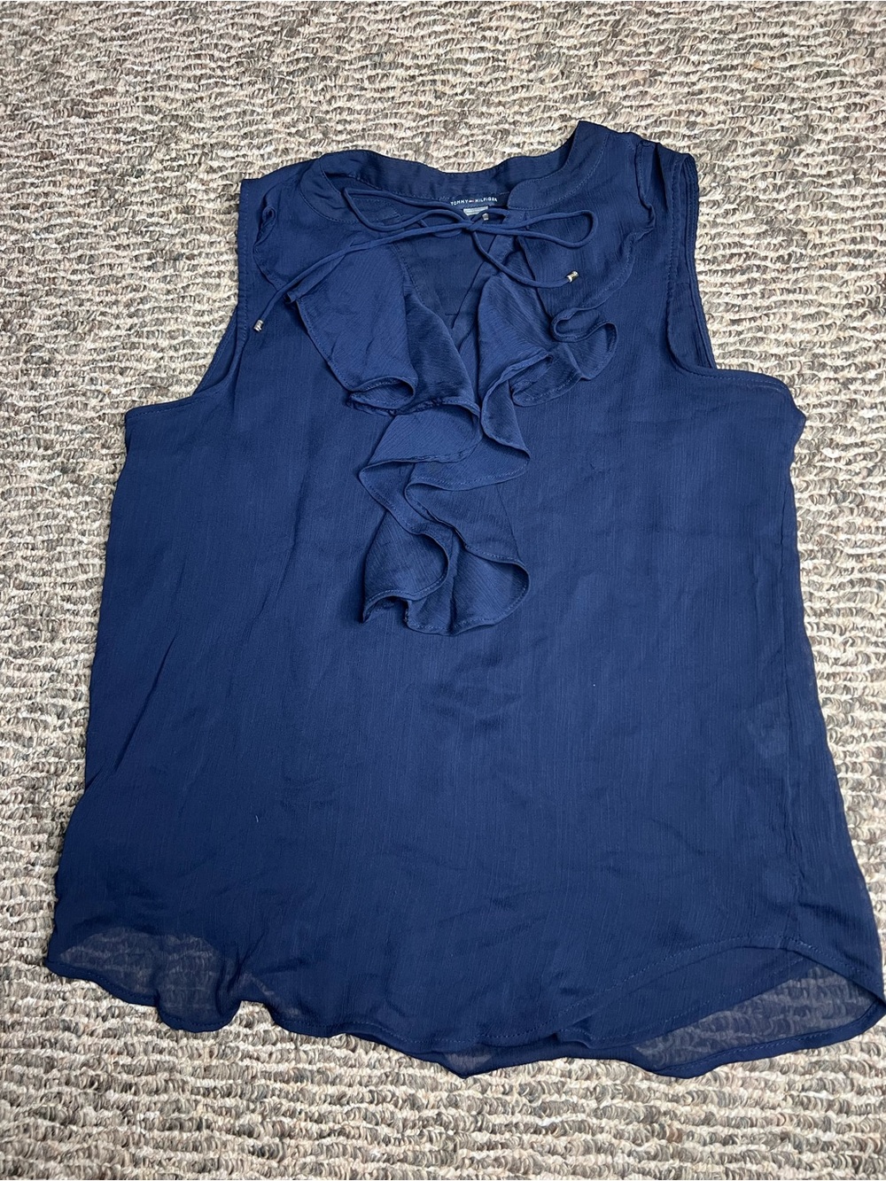 Tommy Hilfiger Navy Ruffle Tie-Neck Sleeveless Blouse